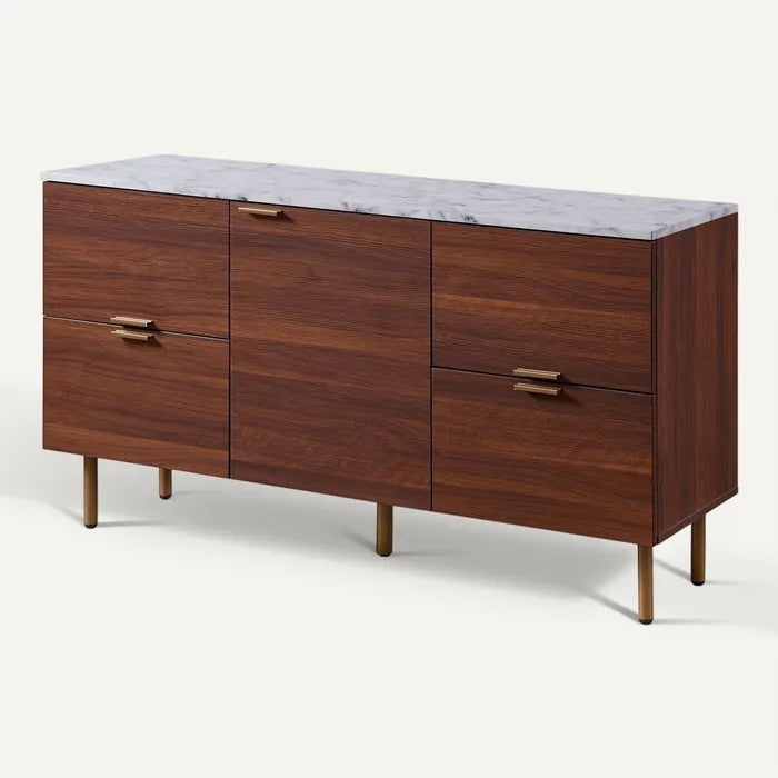 **Technische titel in het Nederlands: Modern houten dressoir met marmeren bovenblad**