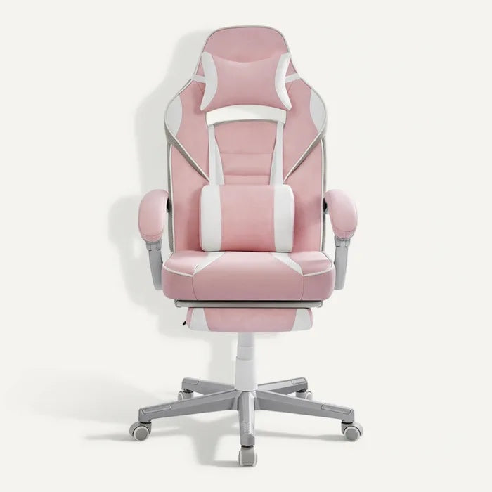 **Technische Titel in het Nederlands:** Ergonomische gamingstoel met hoog verstelbare rugleuning en zachte bekleding in lichtroze.