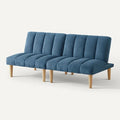 **Moderne blauw stoffen bank met houten poten**
